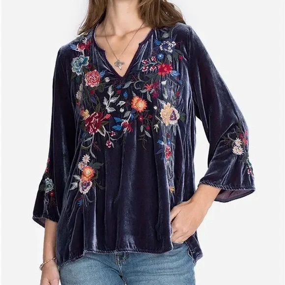 Johnny Was Pina heavily embroidered flutter sleeve velvet blouse NWT